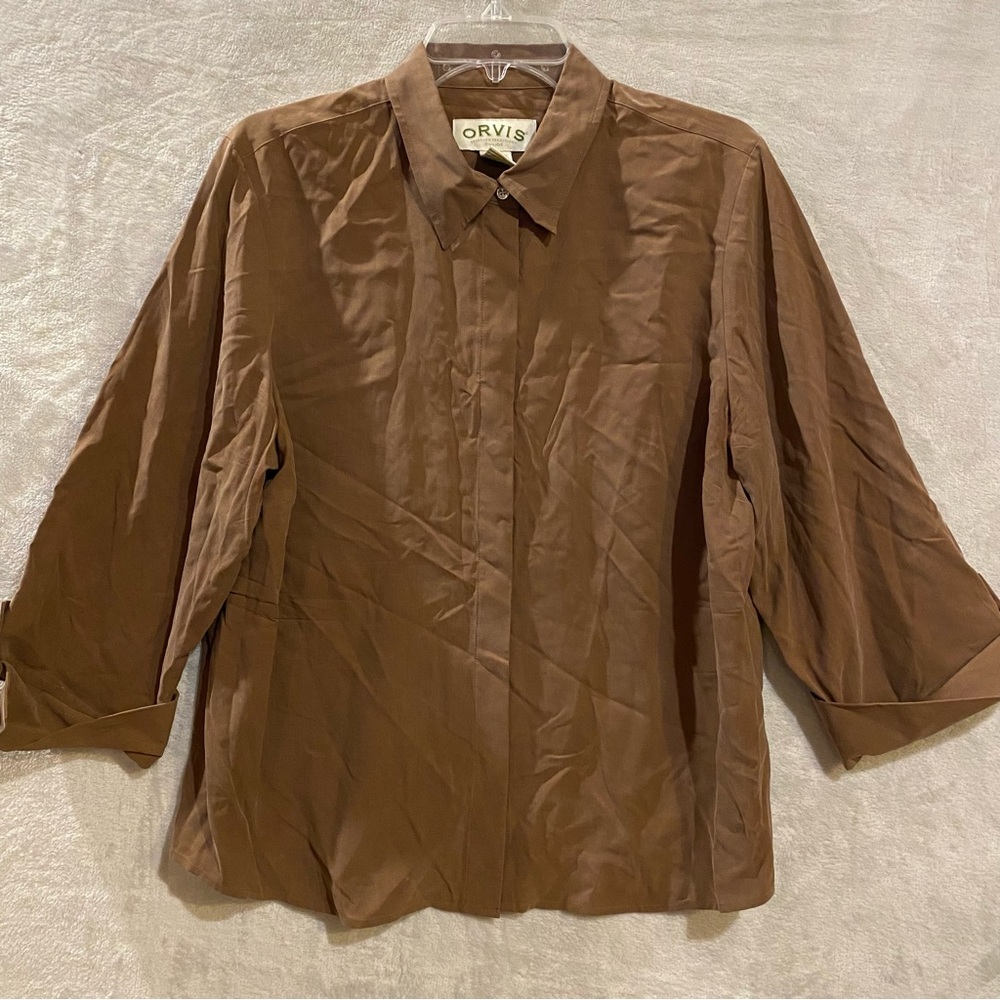Orvis Shirt Women’s Large Brown Silk 3/4 Cuffed Sleeve Hidden Button Placket